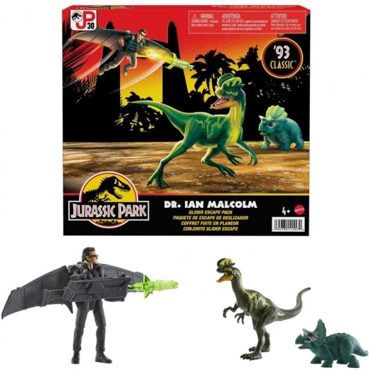Jurassic World – figuurenset Ian Malcolm met dinosaurus-metgezellen en zweefvliegtuig