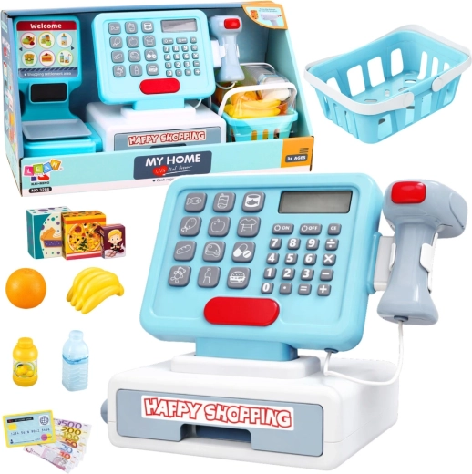 Interactieve kinderkassa met scanner, mandje en levensmiddelen