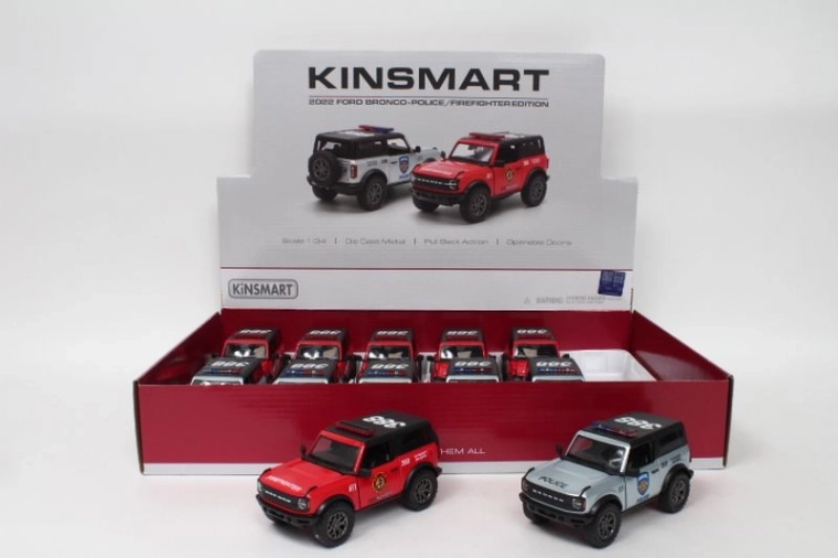 Ford Bronco politie- of brandweerauto 1:34 met te openen deuren en pull-back-aandrijving