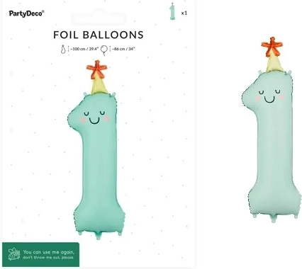 Folieballon cijfer 1 mintkleurig met gezicht 86 cm