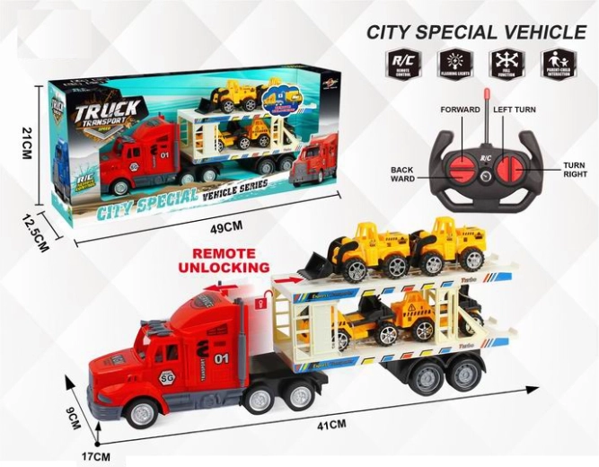 RC takelwagen met 4 bouwvoertuigjes