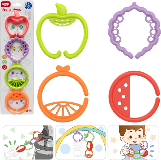 woopie baby sensorische bijtring en hangringen fruit, set van 4 stuks