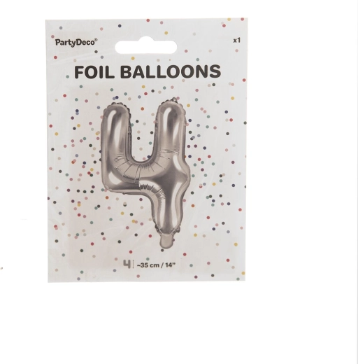 Zilveren folieballon cijfer 4, 35 cm