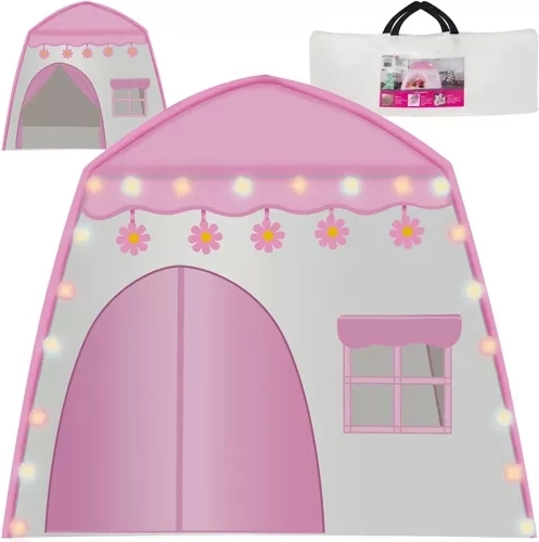Kinderstoffen huisje met LED-slinger van cotton balls