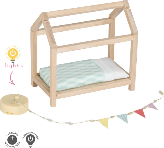 Lundby houten bed in de vorm van een huisje met verlichting voor een poppenhuis