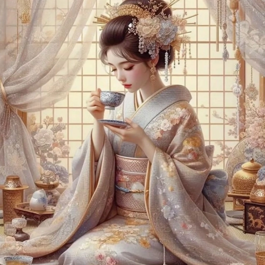 Diamant schilderen Japanse vrouw met kopje thee 30 × 40 cm