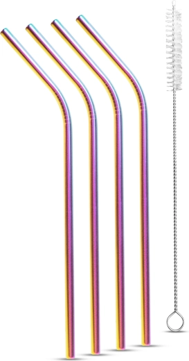 Set roestvrijstalen rietjes in titanium regenboogkleur met reinigingsborsteltje, 5 stuks