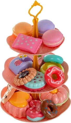 Etagère met drie niveaus en kleurrijke gebakjes