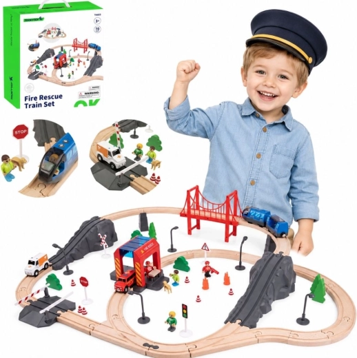 Tooky Toy houten elektrische treinbaan met brandweerkazerne en geluidseffecten, 70 onderdelen, FSC