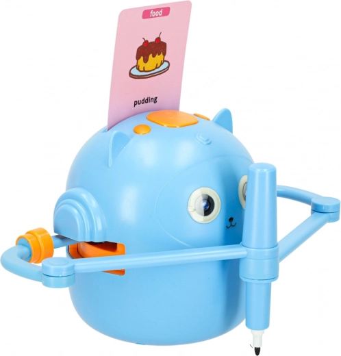 Interactieve educatieve robot om tekenen en schrijven te leren, kaarten en stiften, blauw
