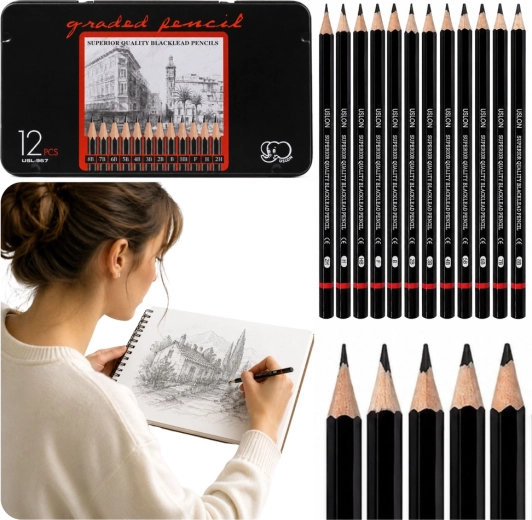 Professionele schetspotlodenset in metalen etui (12 stuks)