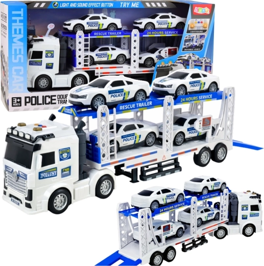 Politie-autotransporter met sleepaanhanger, licht en geluid