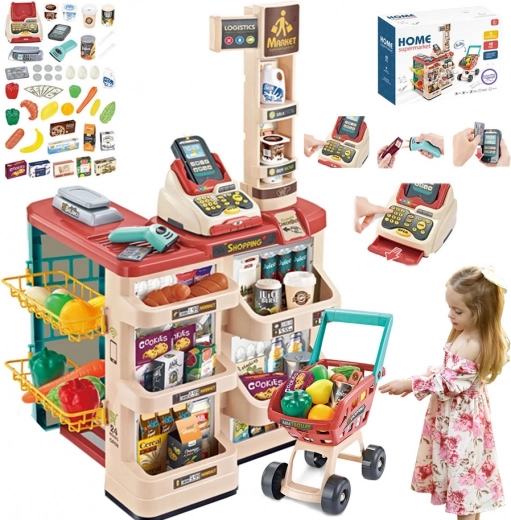 kindersupermarkt met winkelwagen, kassa, weegschaal en scanner WOOPIE (48 accessoires)