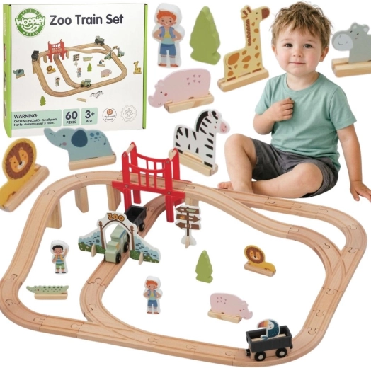 Houten treinbaan met dierentuin Woopie Green XL, 60 onderdelen, FSC