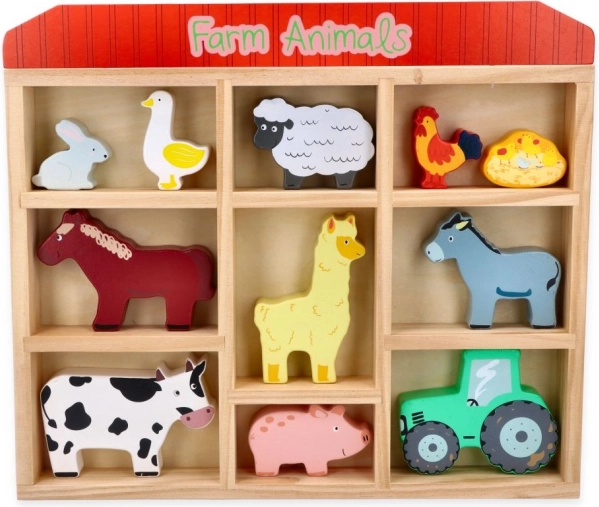 Houten set van boerderijdieren in een lijst