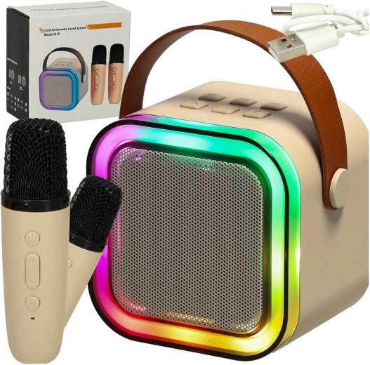 Karaokeset met bluetooth‑luidspreker, 2 microfoons en LED‑verlichting 6 W – beige