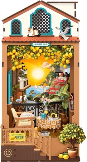 Robotime 3D puzzel boekensteun miniatuurhuisje – zonsondergang op het eiland