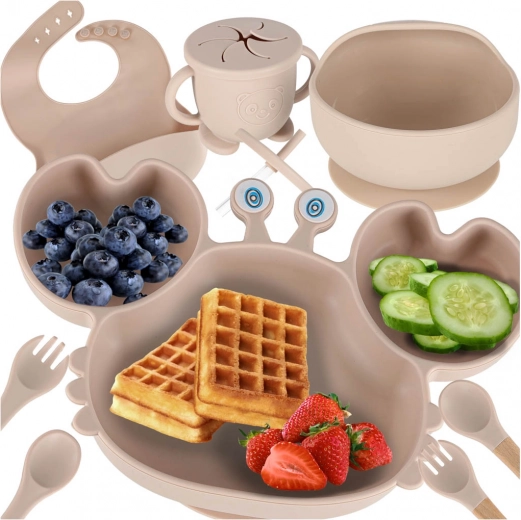 Siliconen eetset voor kinderen krab, 9-delig, beige