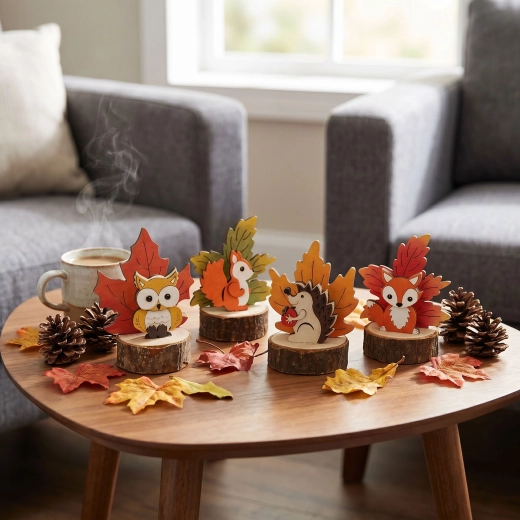 Herfsttafeldecoratie van MDF met esdoornblad en diertje - 1 stuk