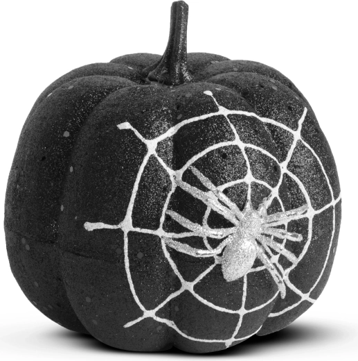 Halloweenversiering pompoen met spin en zwarte glitters 15 cm