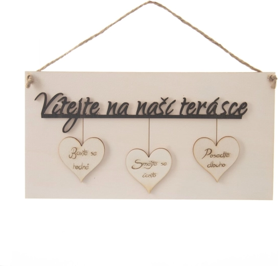 Houten bord “Welkom op ons terras” 34 × 16 cm