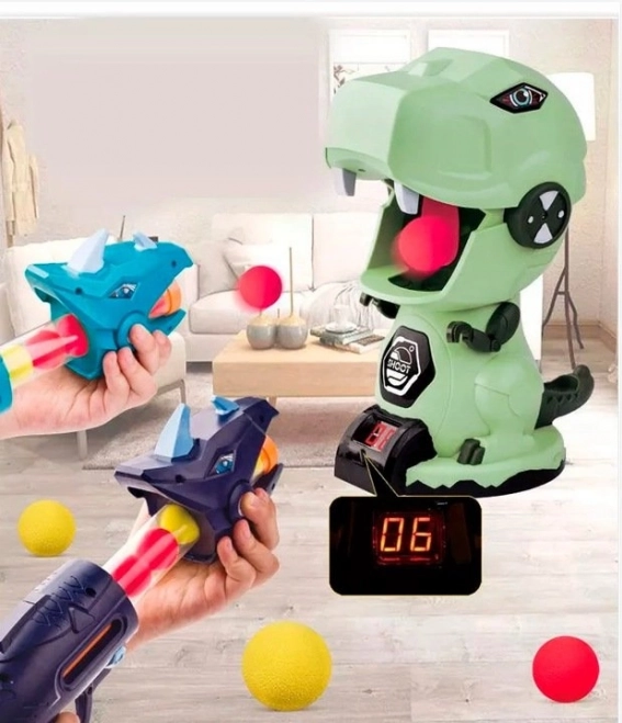 Interactieve spel Schieten op een Dinosaurus met pistolen en balletjes