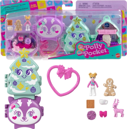 Mattel Polly Pocket Holiday Connects kerstboom- en rendiercompactsets om aan elkaar te koppelen - 2 stuks