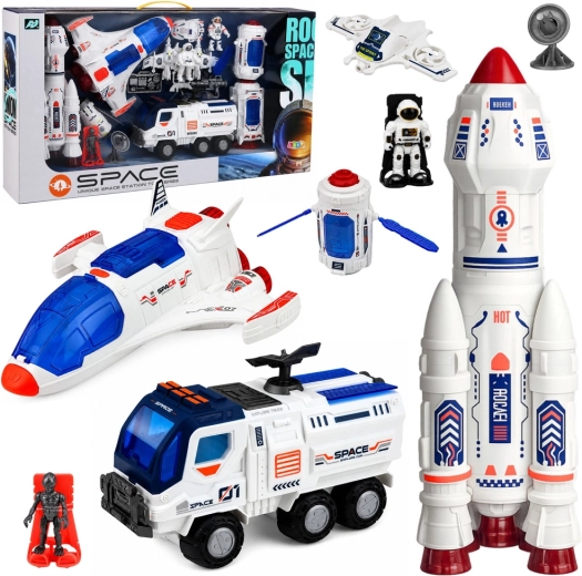 Grote ruimte-set: station, raket, space shuttle, verkenningsvoertuig en astronauten
