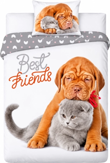 Katoenen beddengoed Best Friends met hondje en kat, wit-grijs, 140 × 200 cm