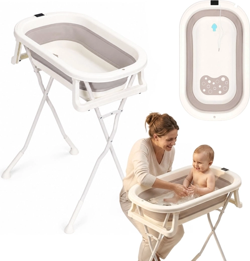 Ecotoys opvouwbaar babybadje op standaard met afvoer en LCD-thermometer