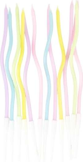 Pastelkleurige gedraaide taartkaarsjes 11,5 cm (12 stuks)