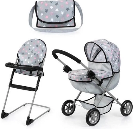 Bayer set poppenwagen met kinderstoel en tas, grijs met sterretjes