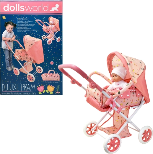 Dolls World luxe opvouwbare poppenwagen met afneembare reiswieg
