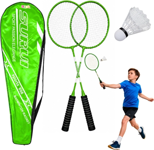 Groene badmintonset met 2 rackets, shuttle en hoes