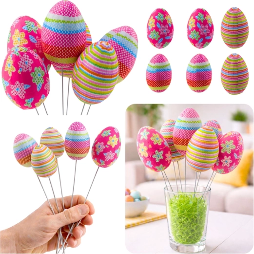 Decoratieve paaseieren aan een draadje met stippen, strepen en bloemen - 6 stuks