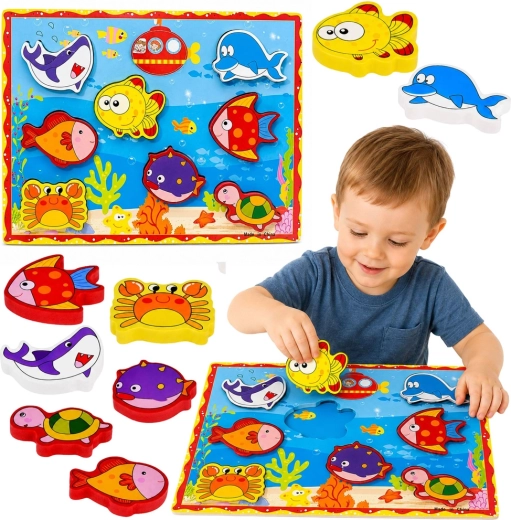 Houten magnetische visserset met zeedieren en hengel