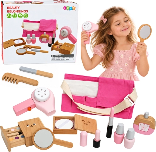 Houten cosmeticaset voor kinderen met toilettas, 12-delig