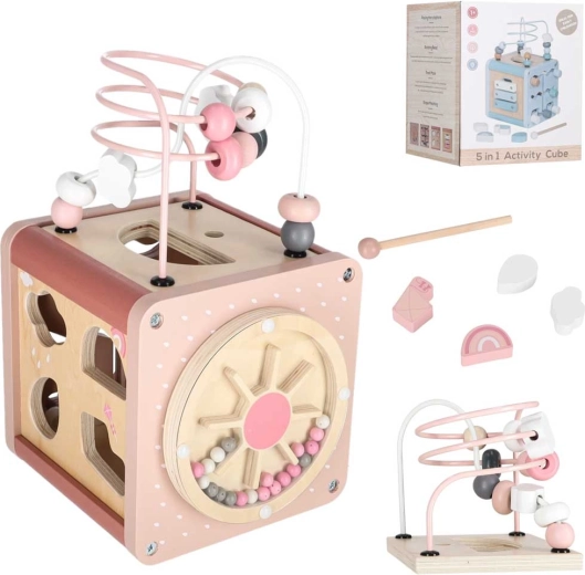 Houten educatieve activiteitenkubus 5-in-1, roze