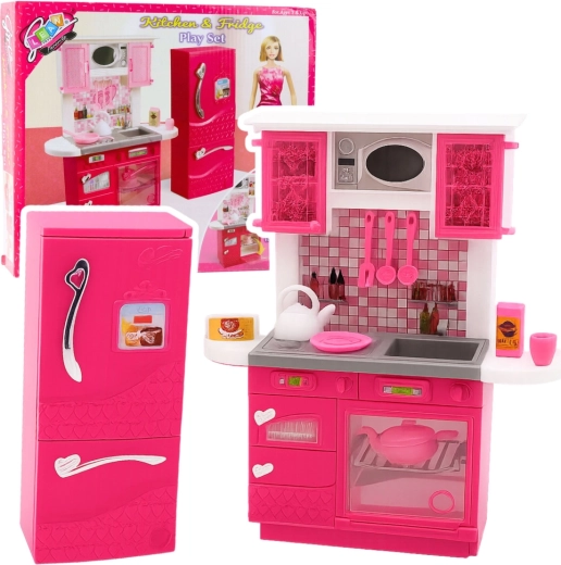 Roze keukentje met koelkast voor poppen 29 cm