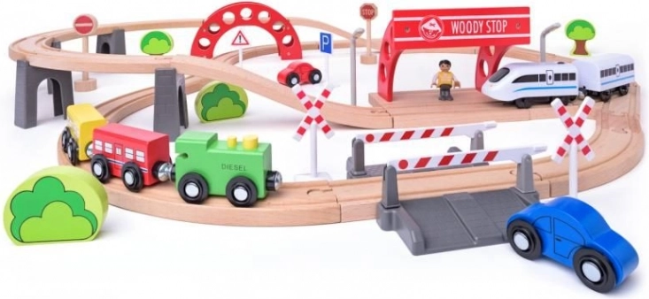 Houten treinspeelset met elektrische locomotief