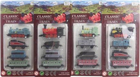 Set metalen treintjes met locomotief en drie wagonnetjes
