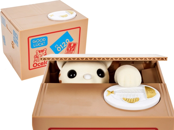 Interactieve spaarpot met katje dat munten steelt