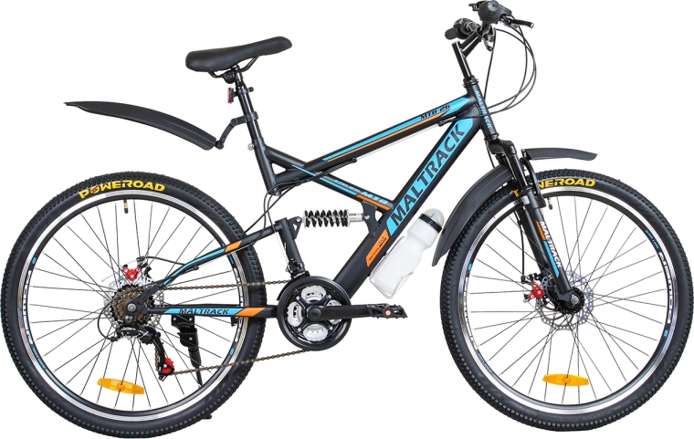 Maltrack mountainbike 26" staal, zwart‑blauw‑oranje