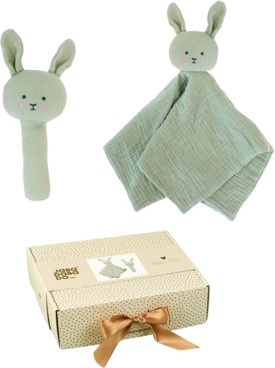Jabadabado cadeauset voor baby met knuffeldoekje en rammelaar bunny groen