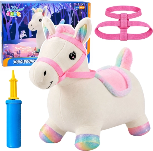 Pluchen opblaasbare springeenhoorn voor kinderen, wit, 60 cm