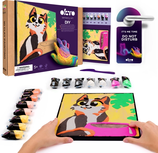 OKTO kat met voerbak – creatieve set: schilderen met klei op nummer 29 × 29 cm