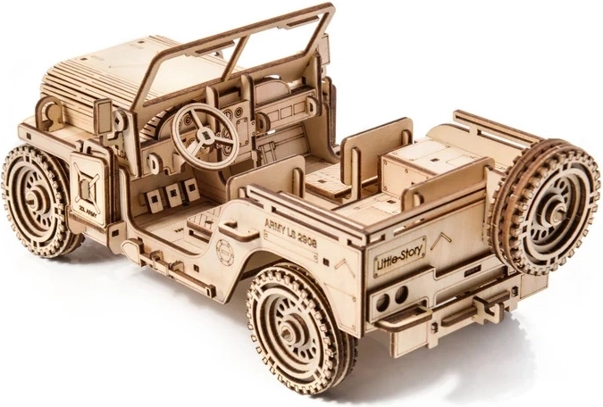 Gedetailleerd houten model van een militair voertuig