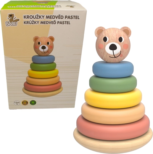 Babu houten stapelpiramide met pastelkleurige ringen beer
