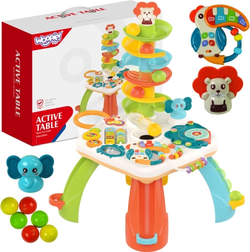 Kindertafel met glijbaan voor ballen, toetsenbord en tandwielen