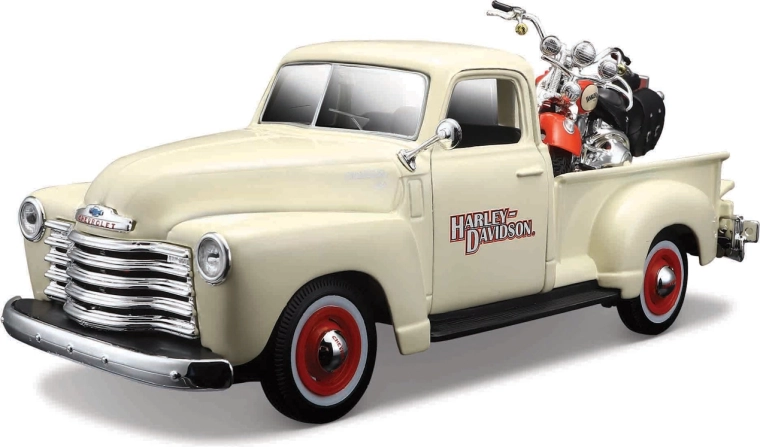 Maisto Harley-Davidson Custom – 1950 Chevrolet 3100 Pickup en 2001 FLSTS Heritage Springer 1:24